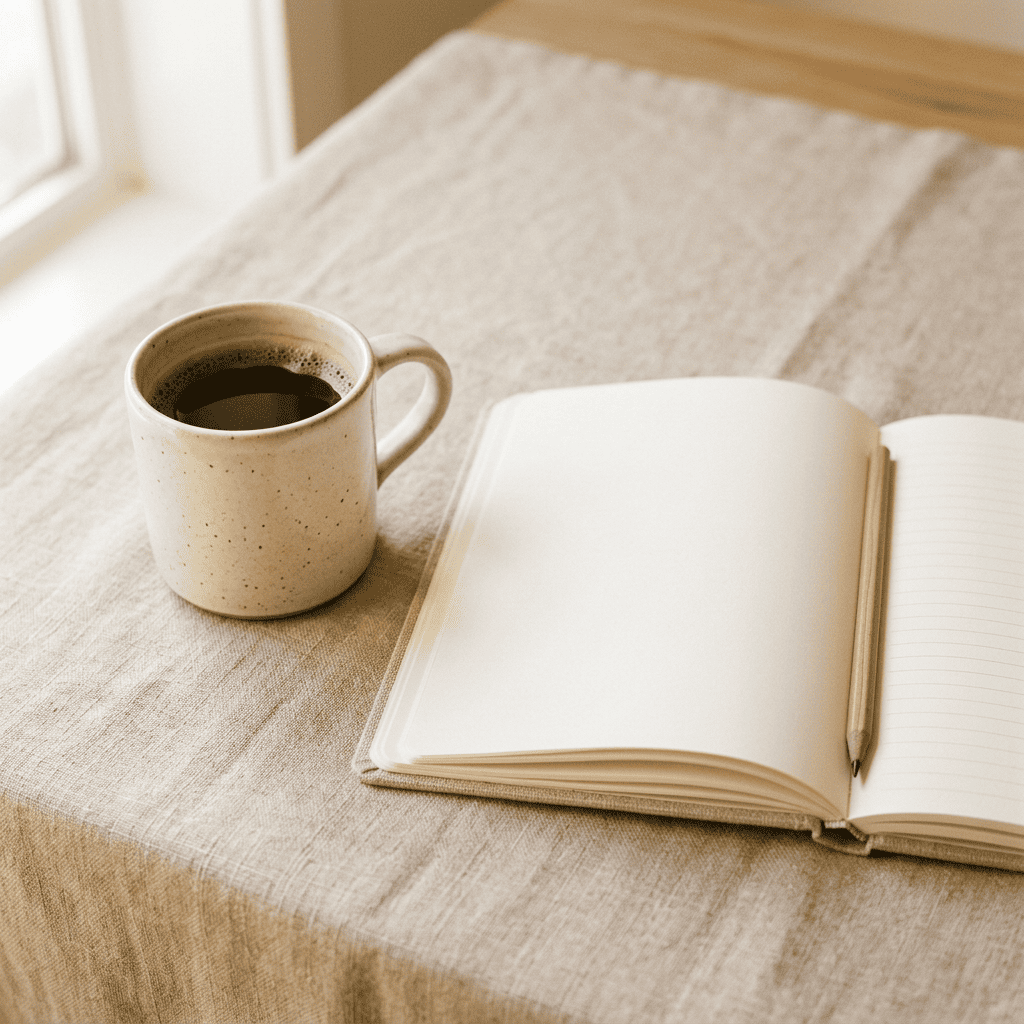 Caderno com a descrição dos aprendizados e um café 